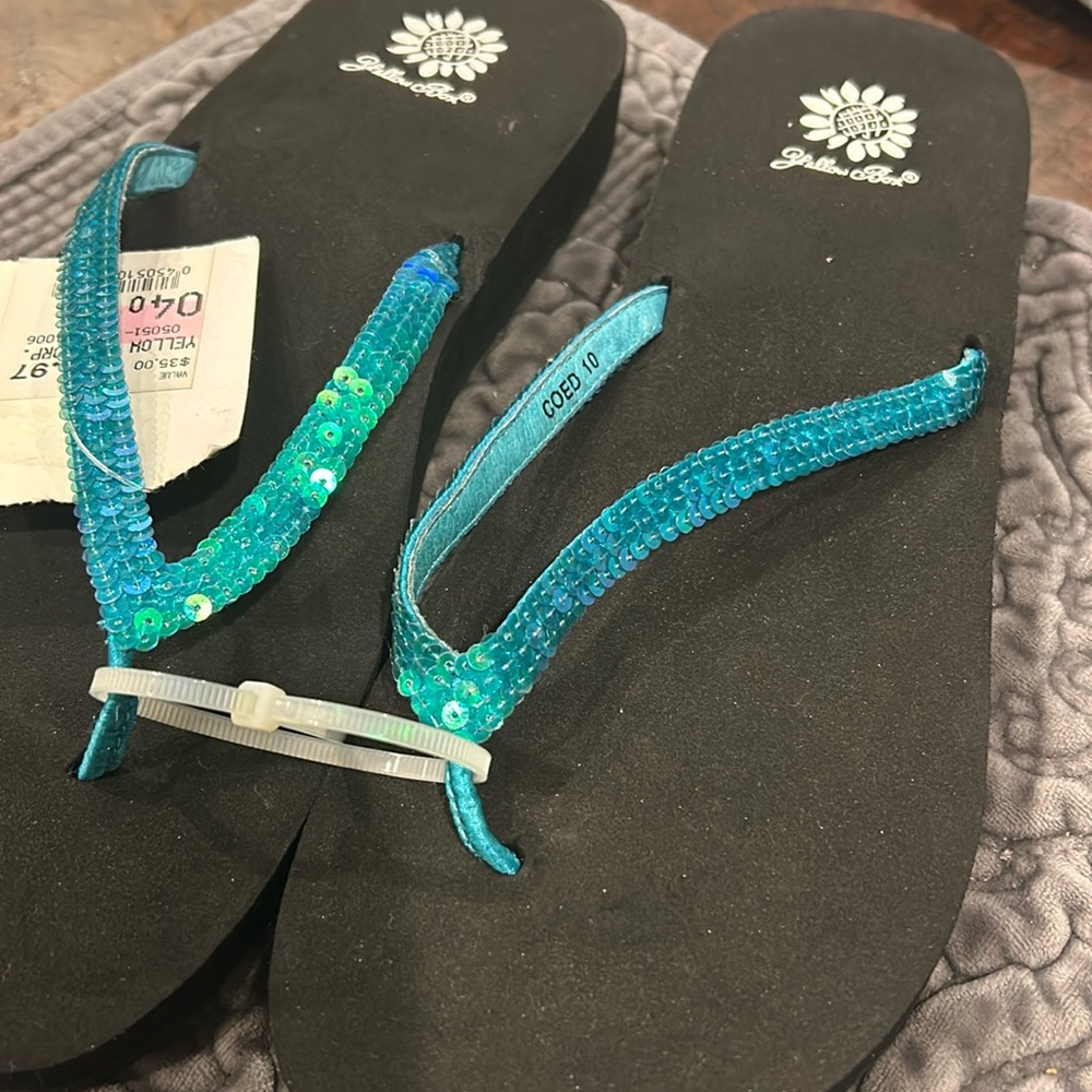 Mermaid Sequin Blue Yellow Box Glop Flop Sandals-sz 10